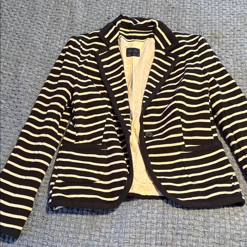 Zara Black & Cream Striped Knit Blazer Jacket